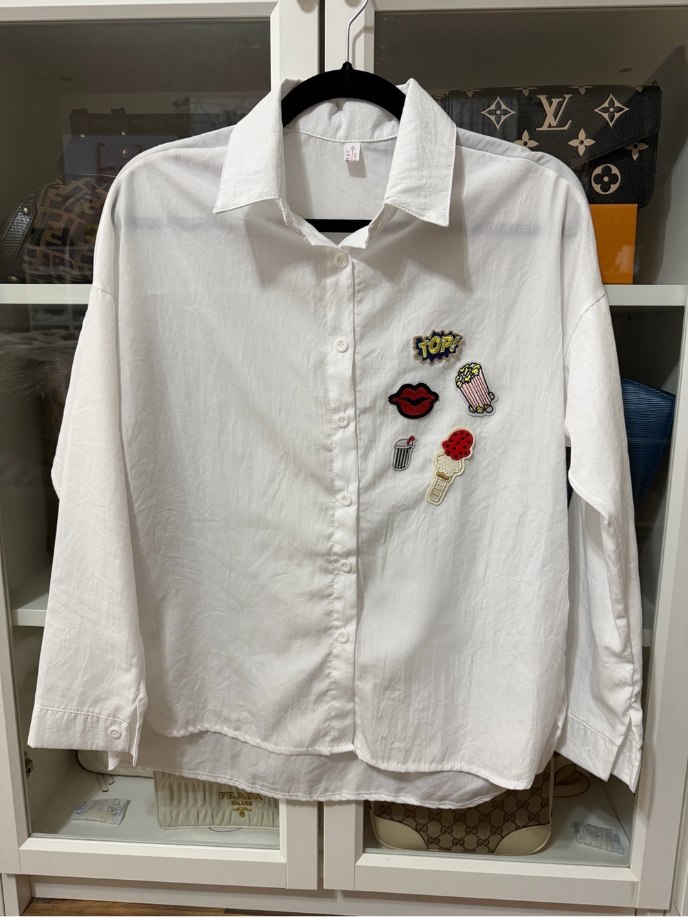 Women's White Button-Down Shirt with Playful Patch Accents